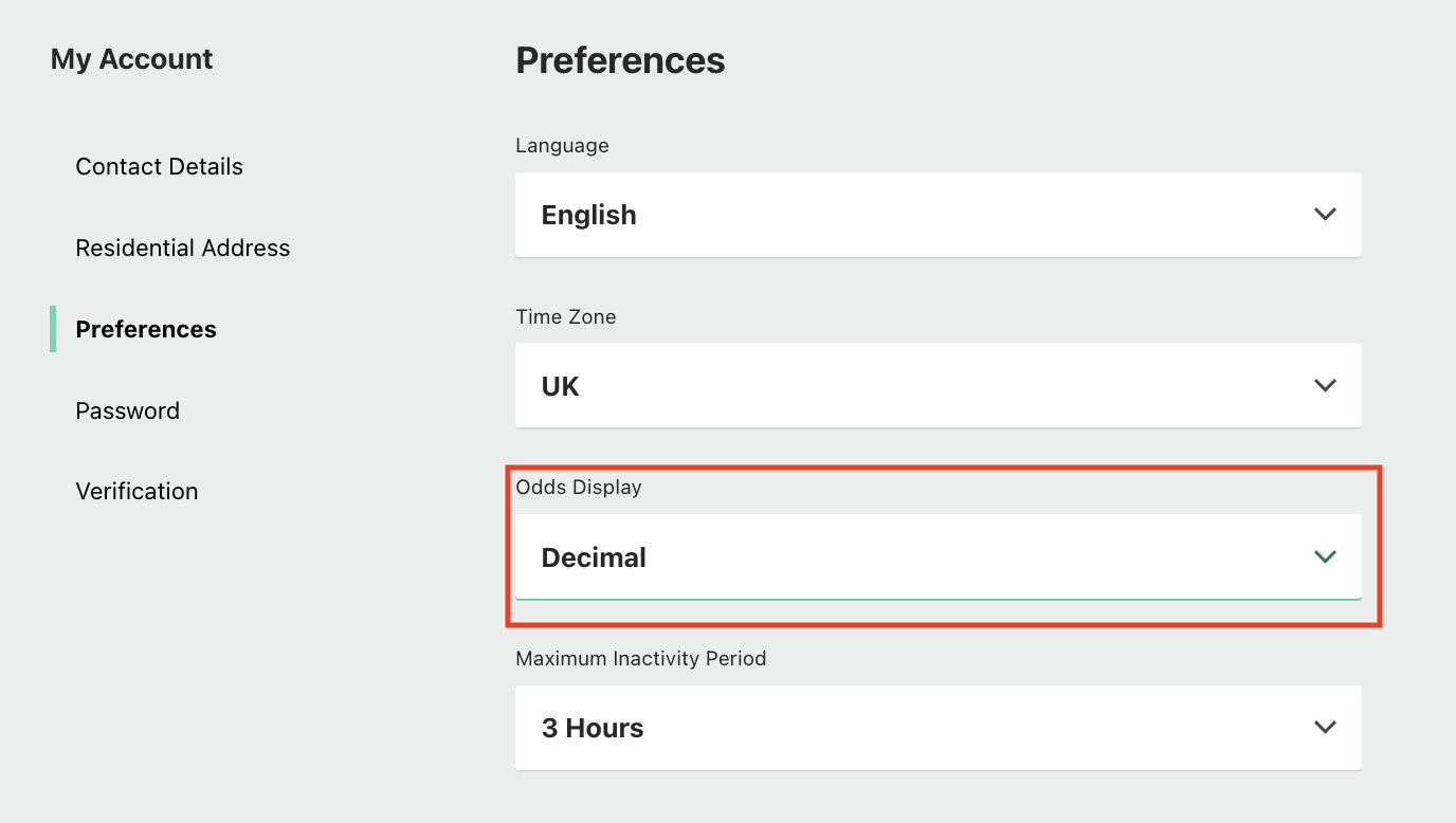 My account section of bookie website, showing where you can change your preferred odds format